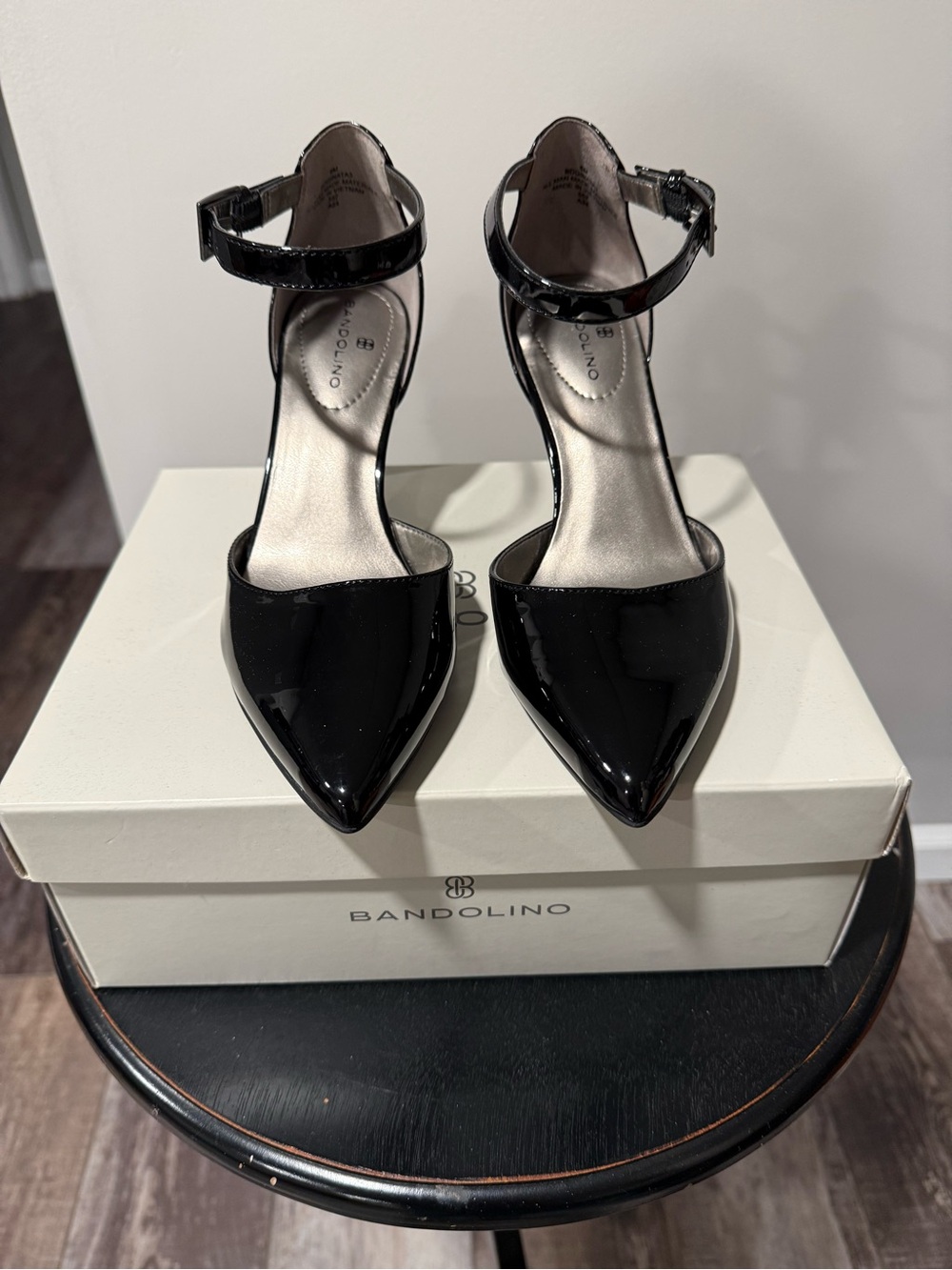 Bandolino Black Patent Pointed-Toe Ankle-Strap Heels